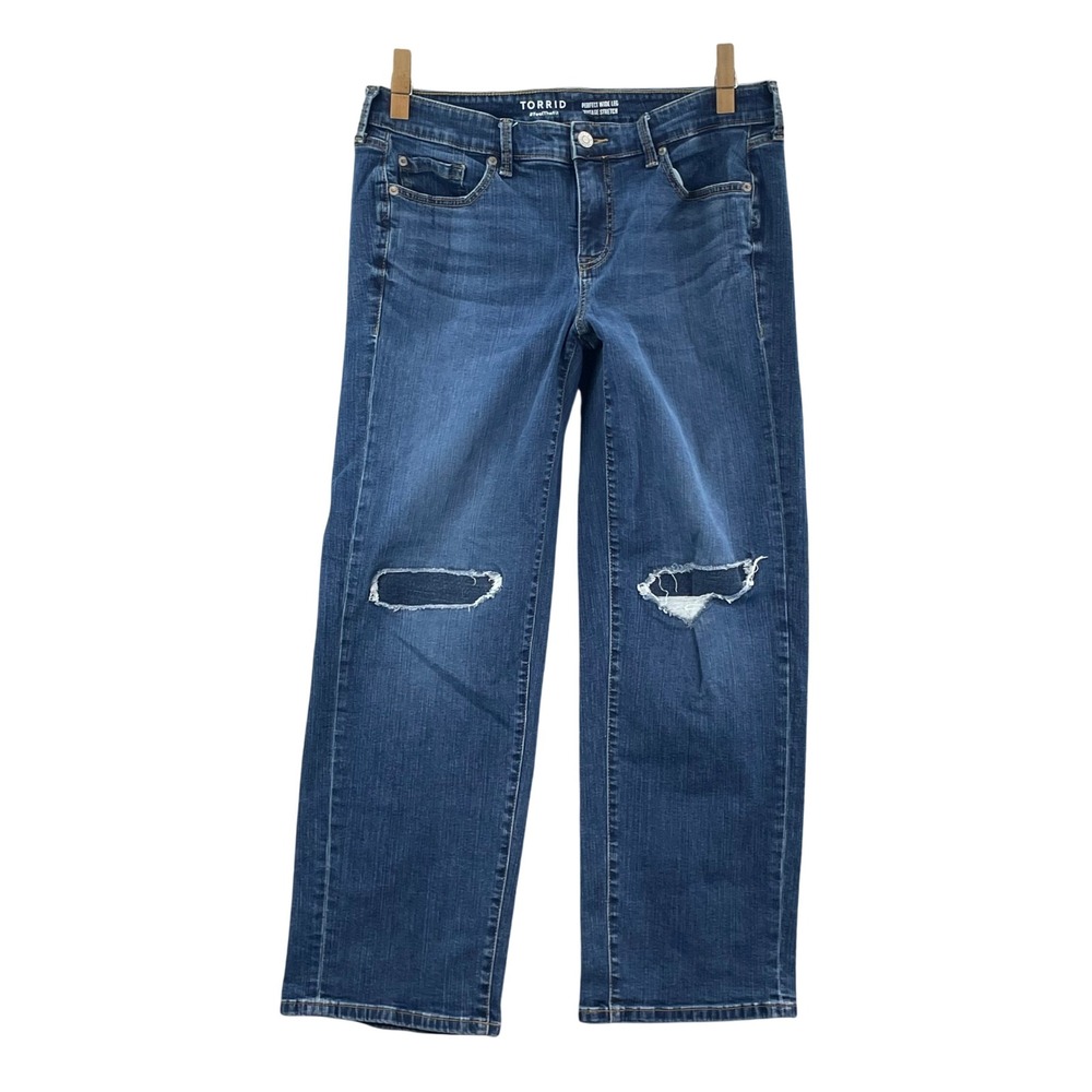 Torrid Perfect Wide Leg Jeans Womens 10R Blue Distressed Vintage Stretch‎ Denim